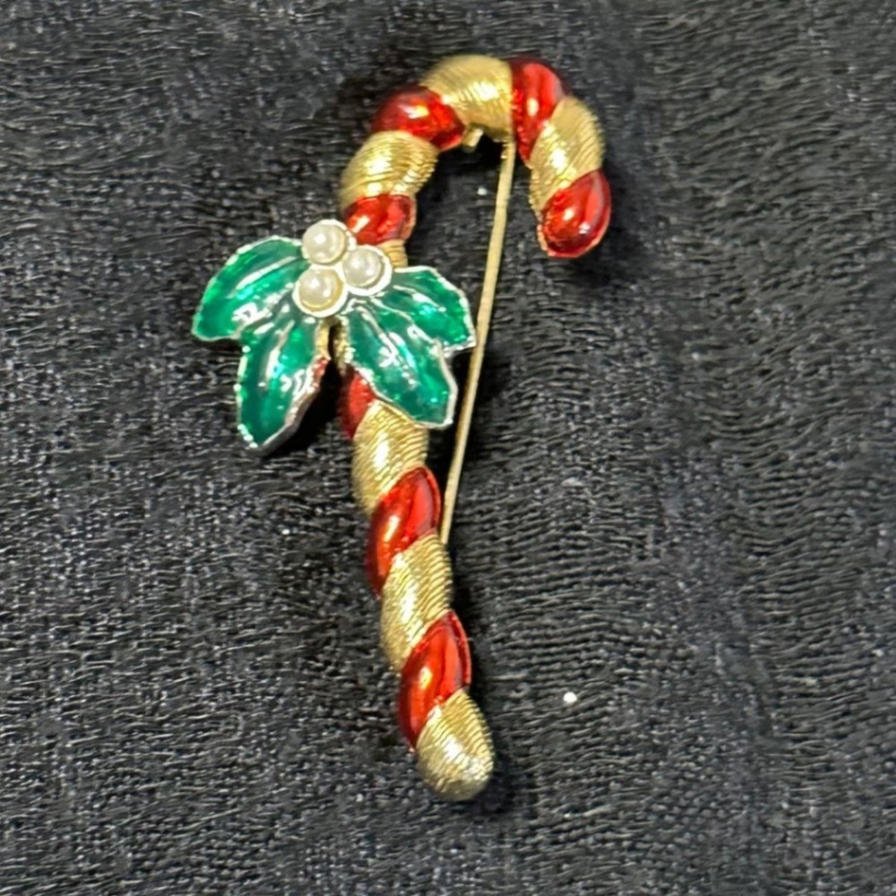 Vintage Candy Cane Brooch Red Gold Enamel Holly Christmas Pin